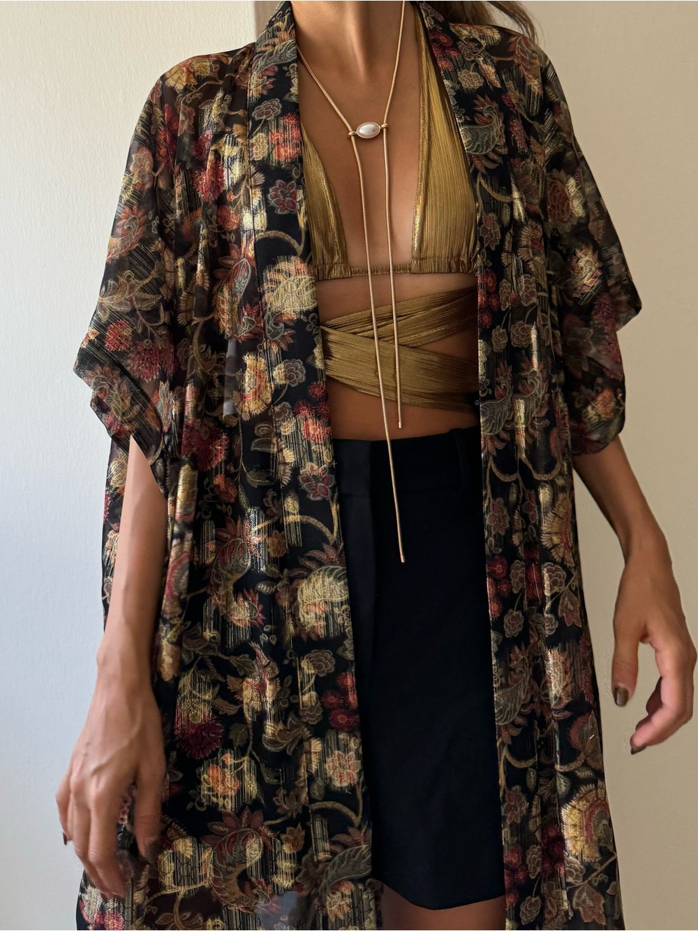Free People Black Floral Metallic Kimono